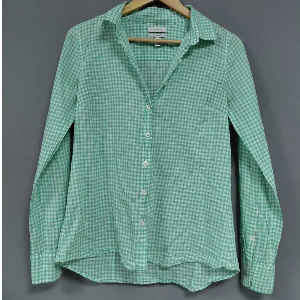 J.CREW Perfect Green Gingham Button-Up Shirt Long Sleeve Collared Size 6
